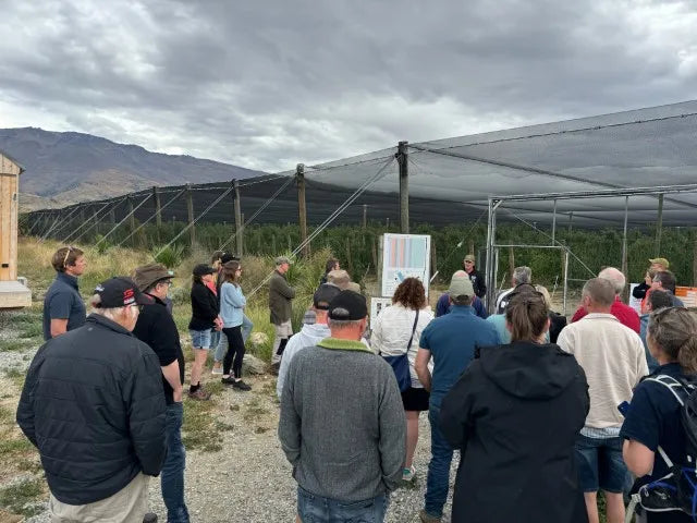 A group standing in front of the cherry orchard